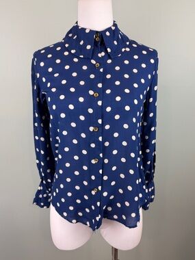 Vintage Bobbie Brooks Navy Blue Polka Dot Button-Up Blouse Pin-Up fits like XS